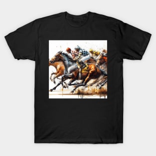 Artistic illustration of horses neck and neck in a horse race. T-Shirt